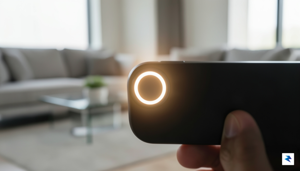 A close-up, cinematic shot of a sleek smartphone camera bar&hellip;