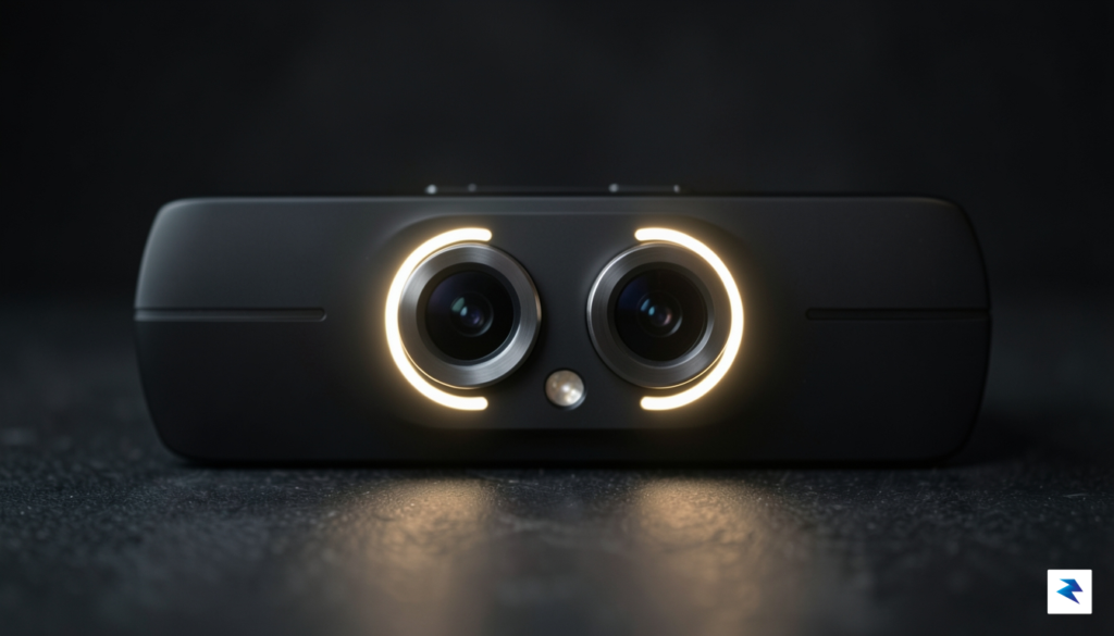 A close-up, cinematic shot of a sleek smartphone camera bar&hellip;