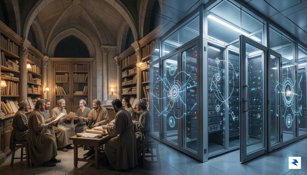 A metaphorical image depicting a historical library or open forum…