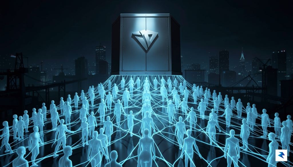 A conceptual digital illustration showing a vast, glowing network of…