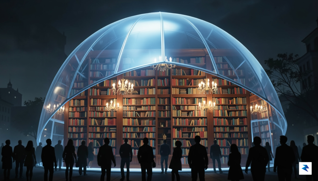 A conceptual digital illustration showing a sprawling, vibrant library being…