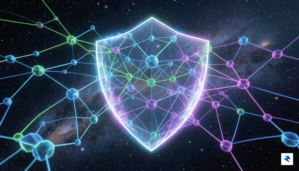 A conceptual digital landscape showing a vibrant, interconnected web of…