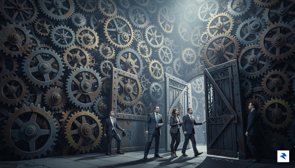 A digital illustration showing a complex maze of interconnected gears&hellip;