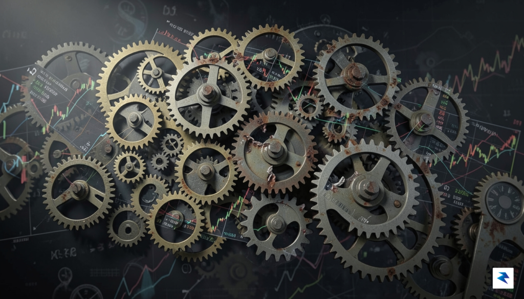 A conceptual digital illustration showing a complex web of interconnected&hellip;