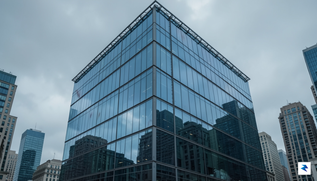A modern, glass-walled office building in a financial district with&hellip;