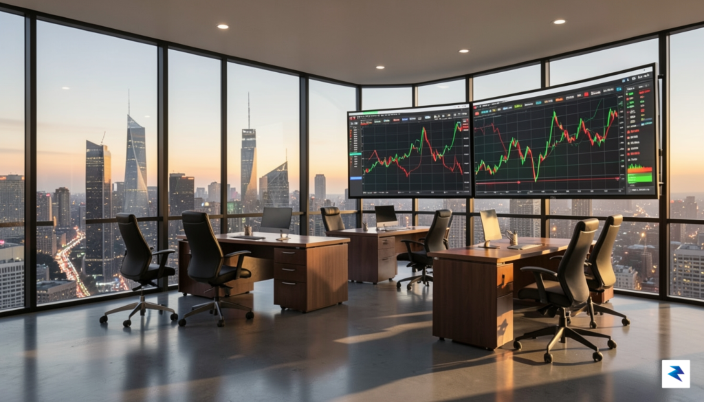 A modern, glass-walled financial office with a panoramic view of&hellip;