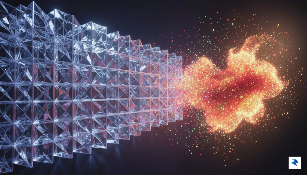 A conceptual digital art piece showing a crystalline grid structure…