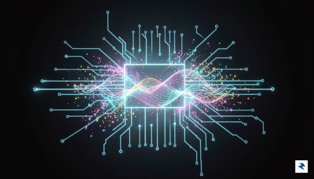 A conceptual digital art representation of a glowing, translucent microchip…