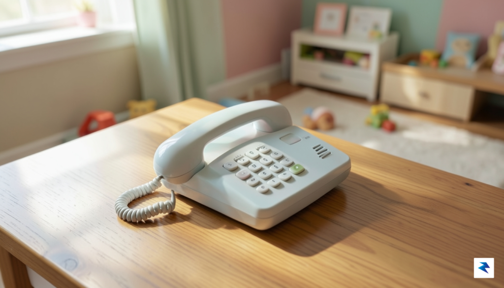 A close-up, high-angle shot of a minimalist, pastel-colored landline phone…