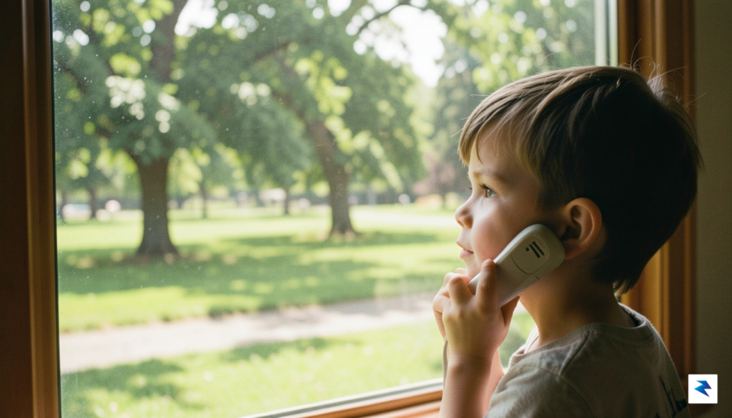 A soft-focus, warm-toned photograph of a child looking out a…