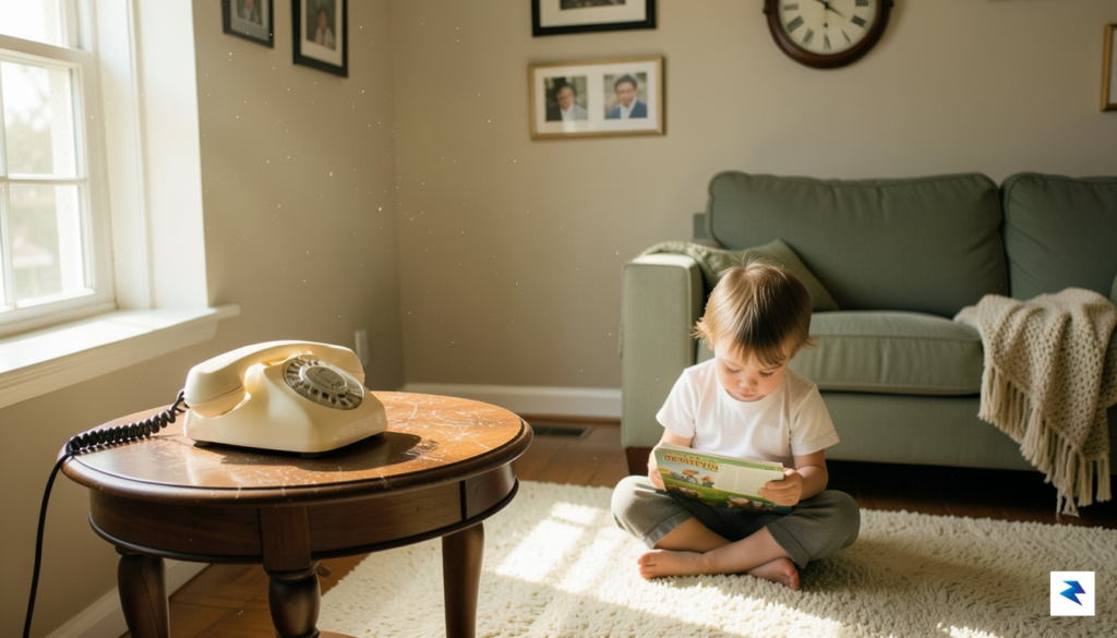 A warm, sunlit living room featuring a vintage-style corded landline…