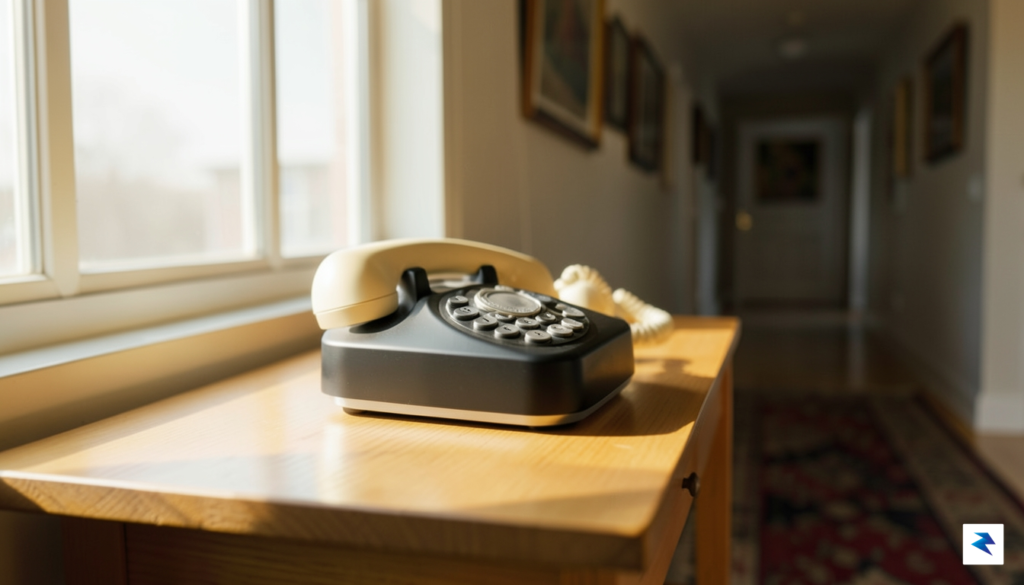 A sleek, minimalist retro-style landline phone sitting on a warm…