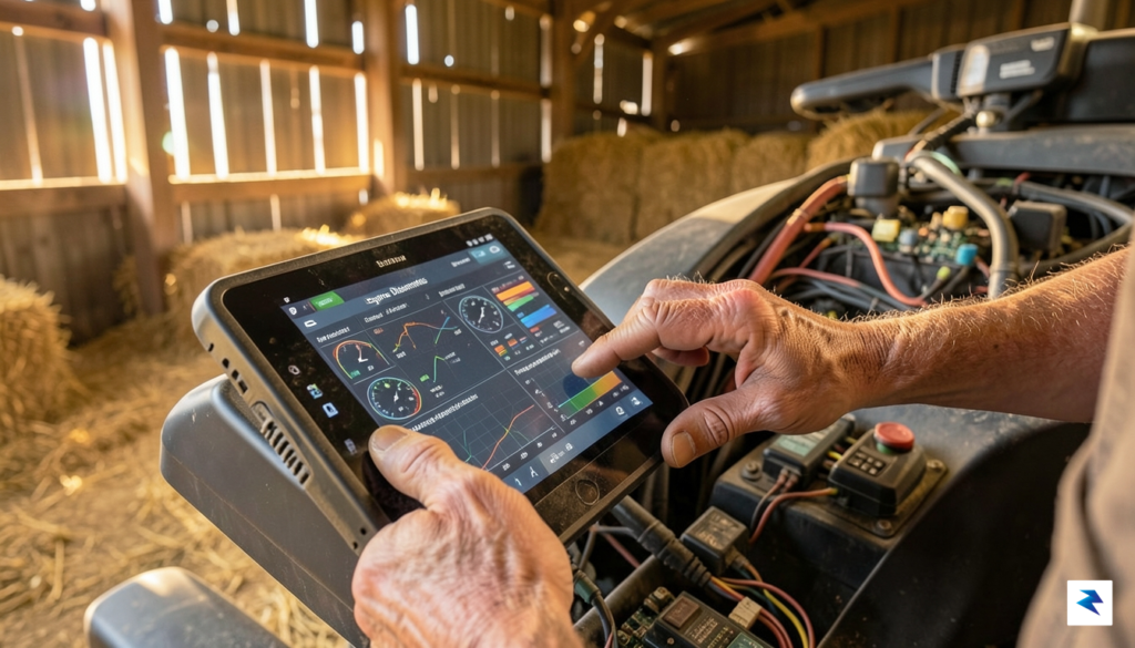 A close-up, high-definition photo of a farmer’s hands using a…