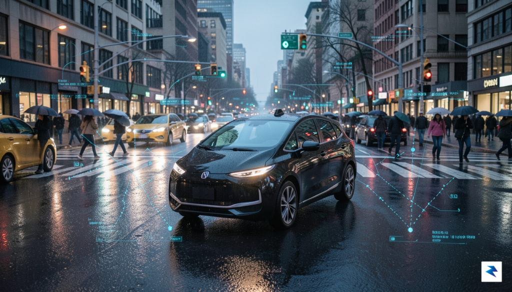 A wide-angle street level shot of a driverless robotaxi navigating&hellip;