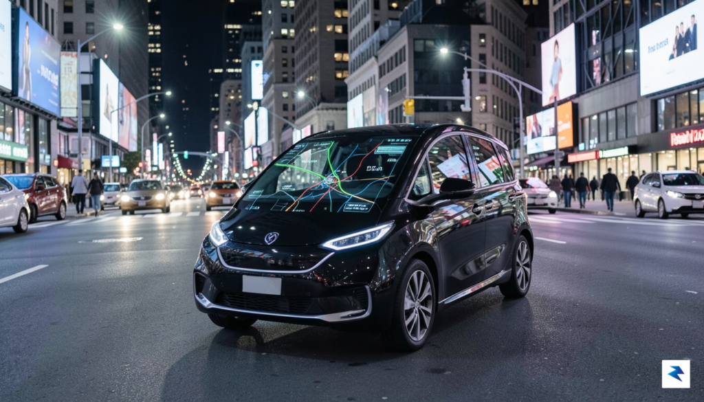 A modern, sleek autonomous robotaxi navigating a busy, well-lit urban&hellip;