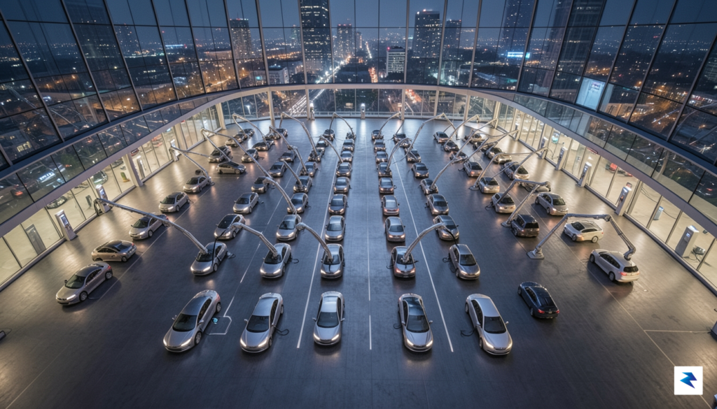 An overhead aerial shot of a futuristic urban charging depot,&hellip;