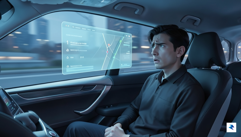 A conceptual digital illustration showing a nervous passenger looking at&hellip;