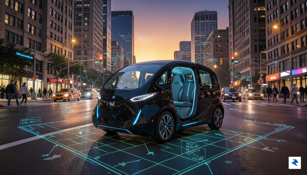 A modern, sleek autonomous robotaxi navigating a complex intersection with&hellip;