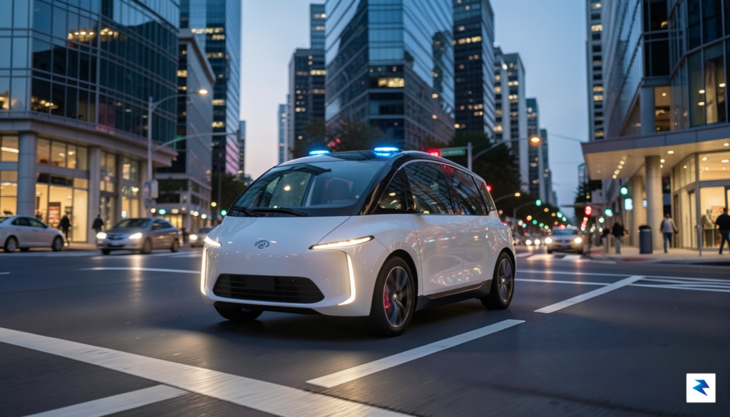 A sleek, driverless robotaxi navigating a busy, modern city intersection&hellip;
