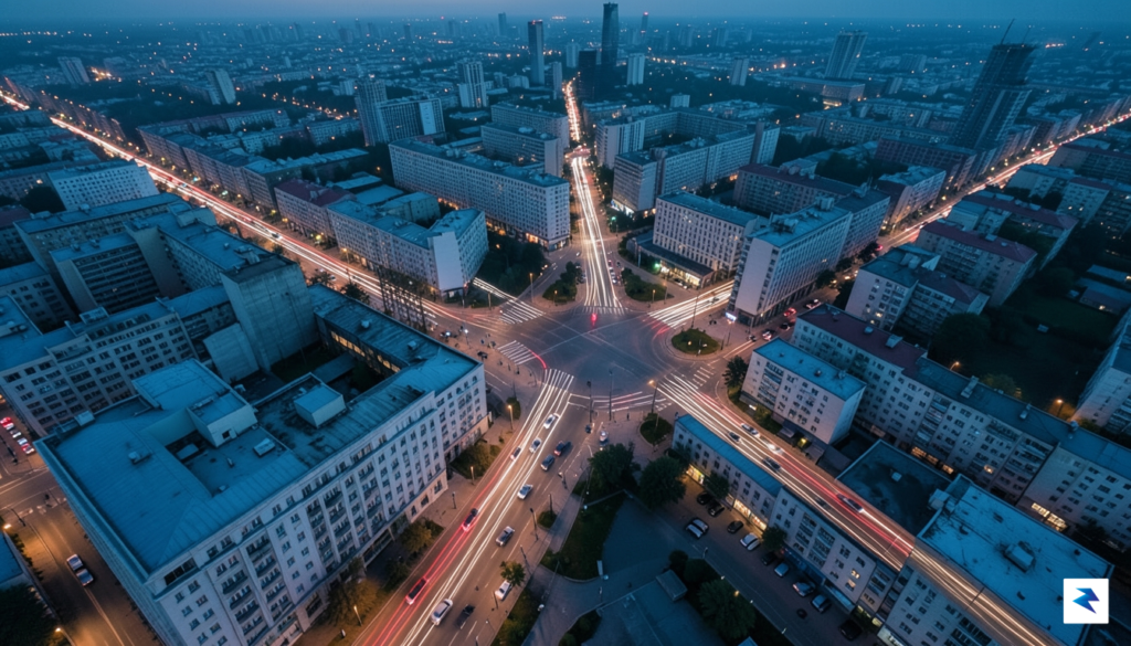 A wide-angle, cinematic shot from a high-altitude drone looking down…