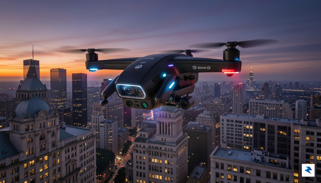 A sleek, dark police-grade drone with multiple visible cameras and…