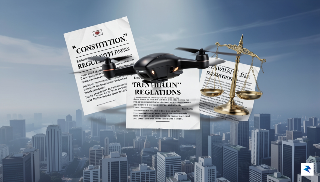 An abstract illustration showing a drone flying over a city,…