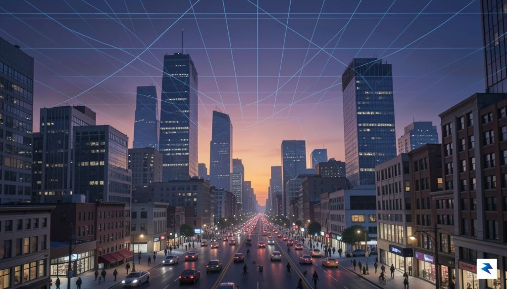 A conceptual digital illustration showing a cityscape at twilight with…