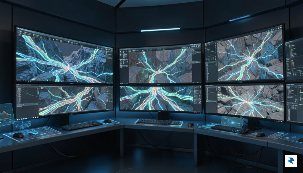 A 3D digital geological model showing a complex, glowing multi-layered&hellip;