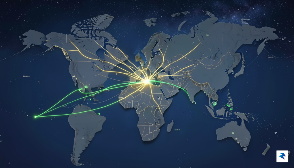 An intricate, high-definition digital map showing global mineral supply routes&hellip;