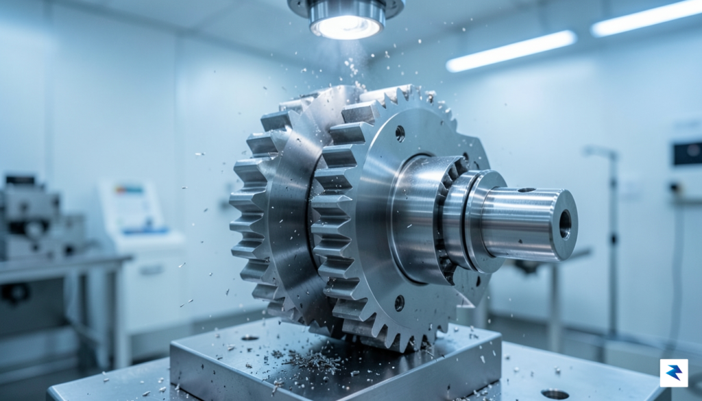 A close-up shot of a high-tech metallic alloy component being&hellip;