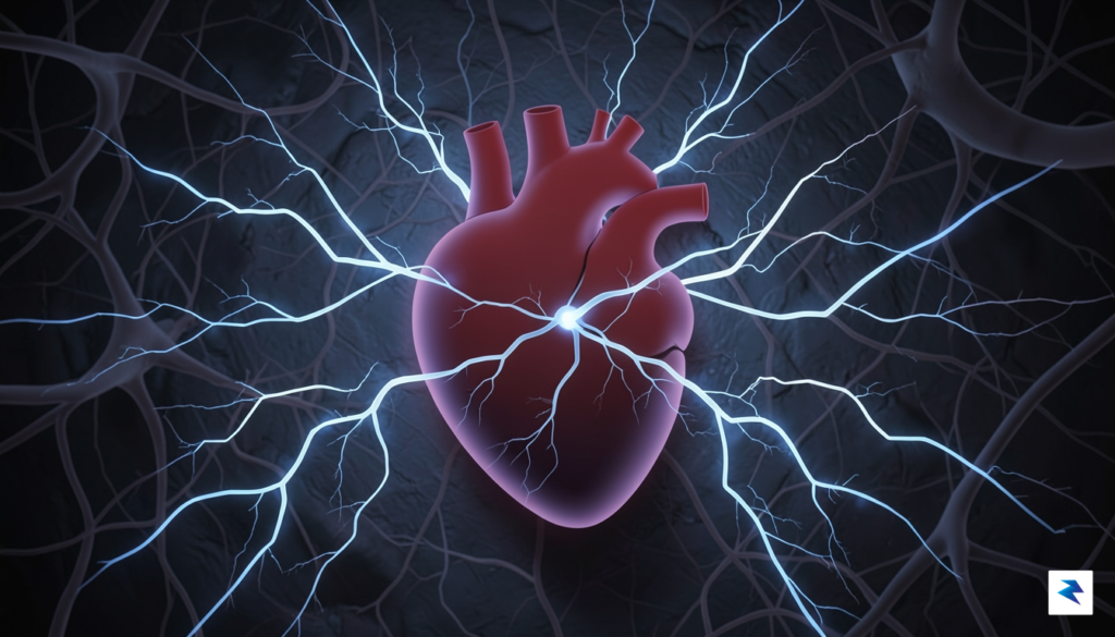 An abstract digital visualization showing a human heart silhouette with…