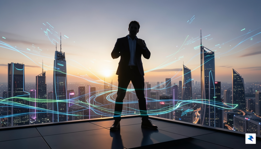 A silhouette of a determined tech leader, dressed in business…