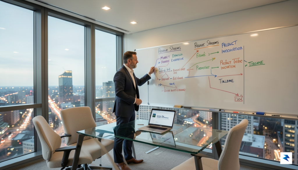 A modern, minimalist office space overlooking a bustling city, featuring…