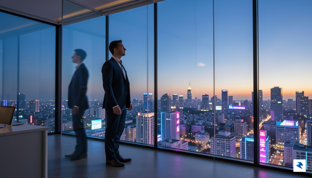 A cinematic shot of a solitary tech executive looking out…
