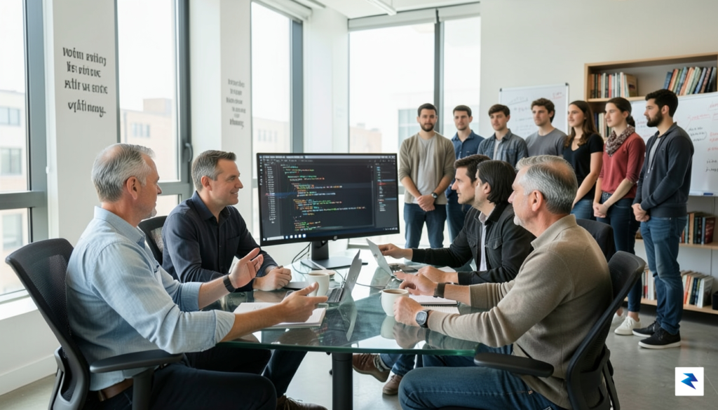 A diverse group of experienced tech entrepreneurs, some with graying…