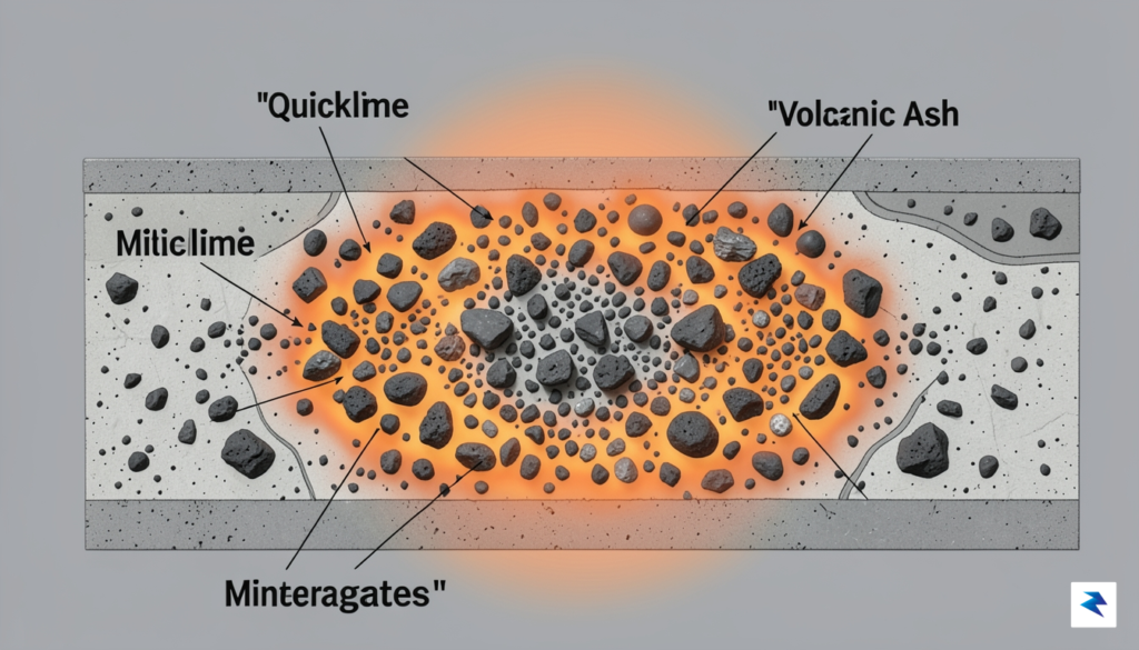 A cross-section diagram showing the exothermic reaction of quicklime and…
