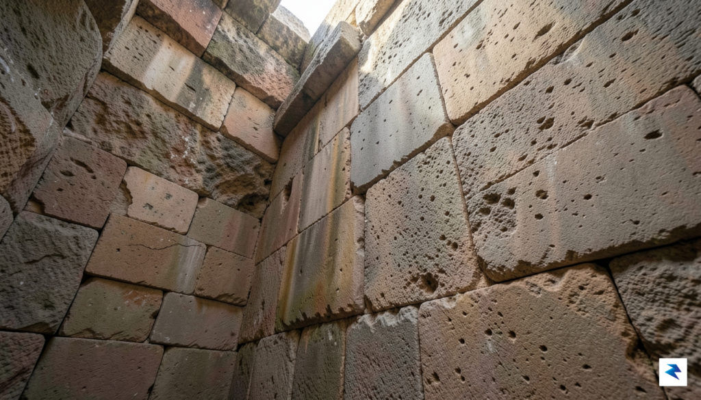 A detailed archaeological photograph showing the weathered, textured surface of…