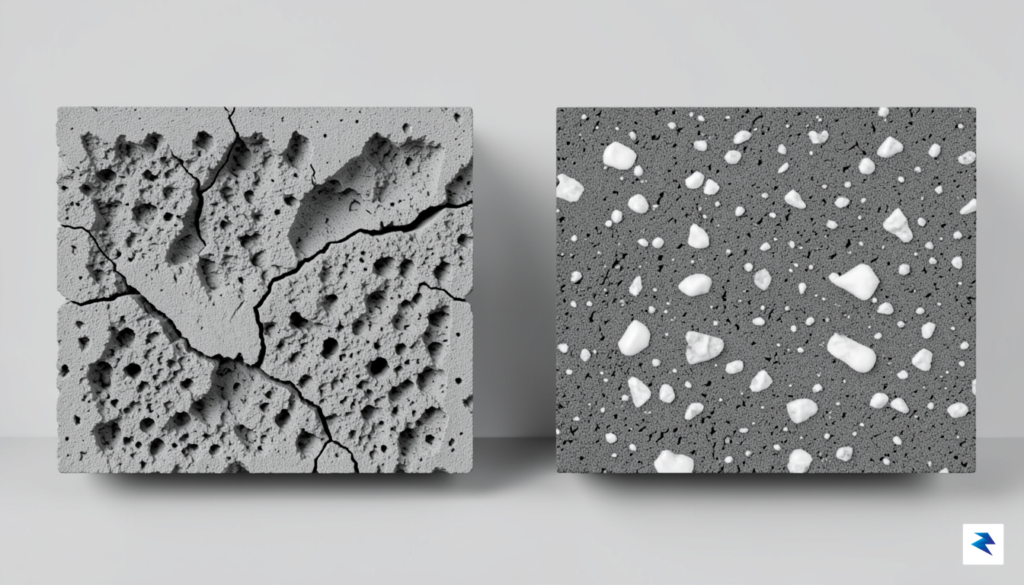 A cross-section diagram comparing the porous, crumbling texture of modern…