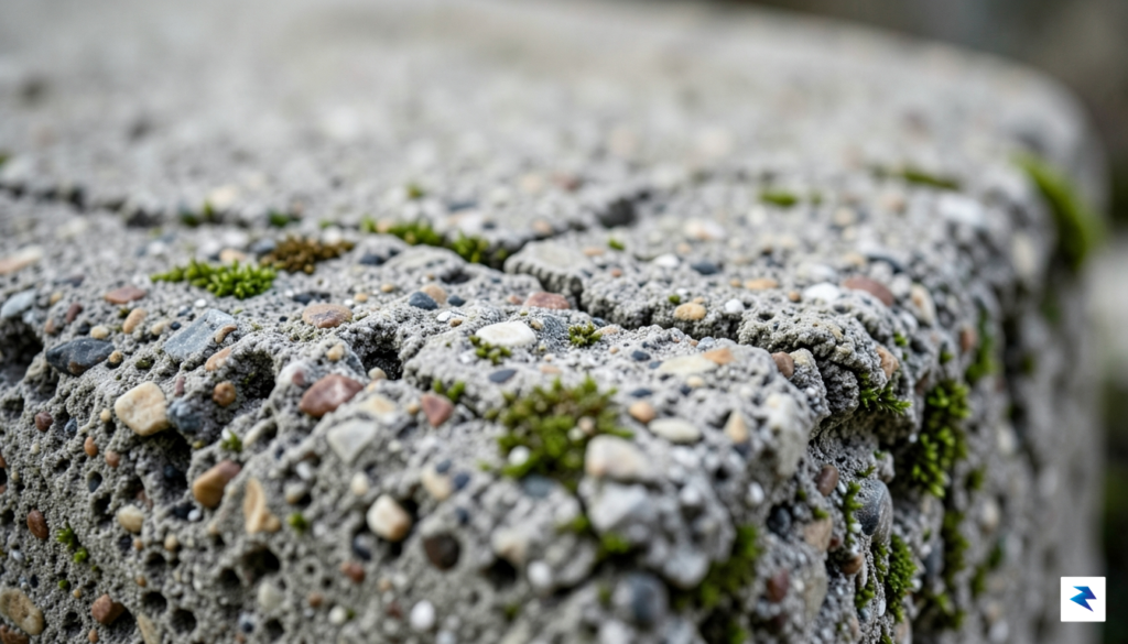 A close-up, high-detail macro photograph of ancient Roman concrete, showing…