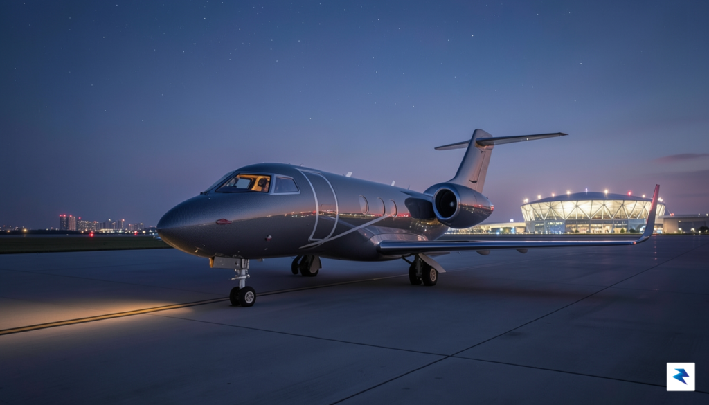 A sleek, modern private jet parked on a runway at&hellip;