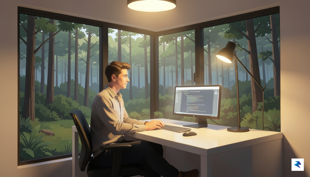A conceptual digital illustration showing a lone developer sitting at&hellip;