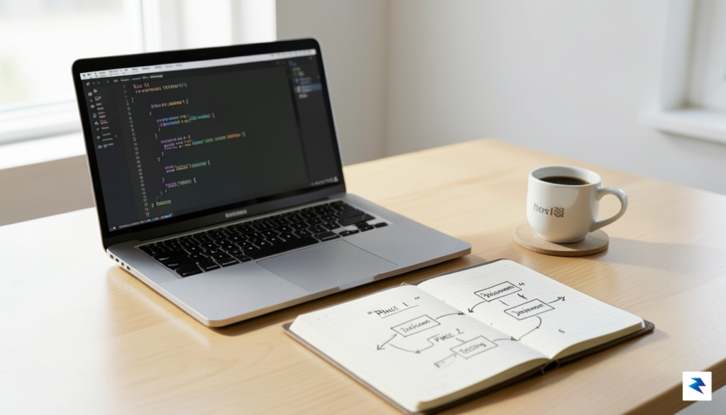 A minimalist desk setup featuring a single laptop, a notebook&hellip;
