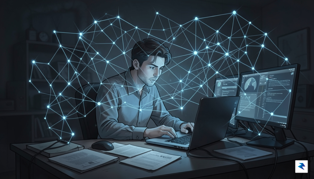 A conceptual illustration of a lone developer sitting at a&hellip;