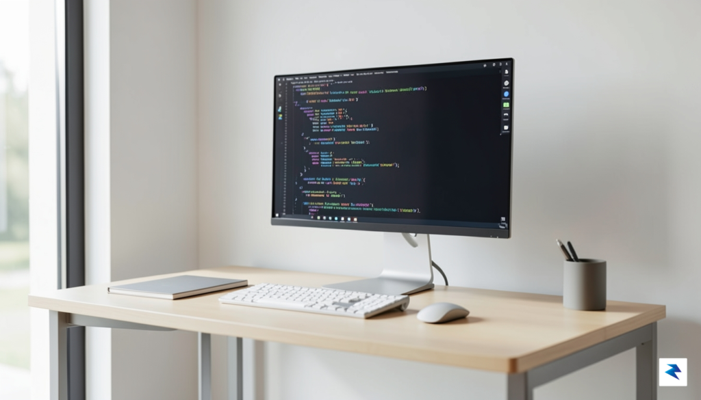 A minimalist, clean home office desk setup with a single&hellip;