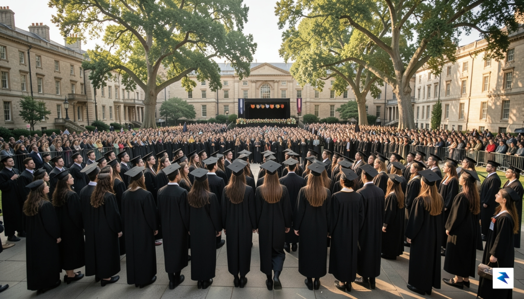 A wide-angle, cinematic photograph of a crowded outdoor university quad…