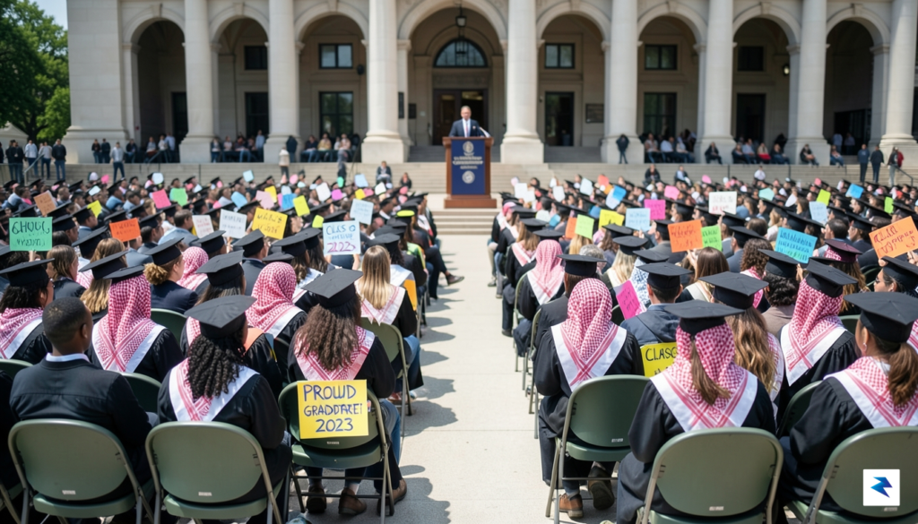 A wide-angle, high-resolution photograph capturing a sea of students at…