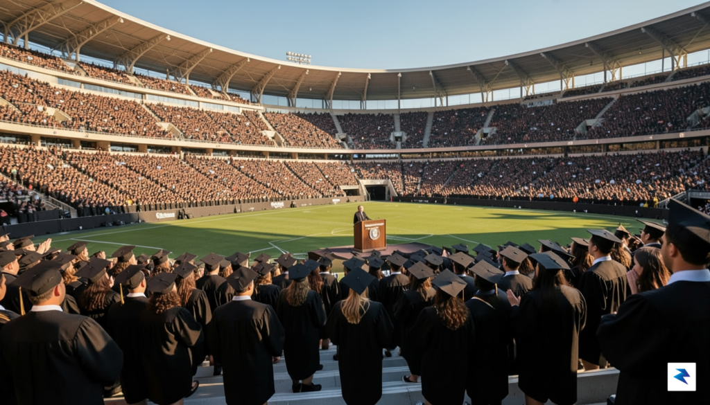A wide-angle shot of a university stadium during a graduation…
