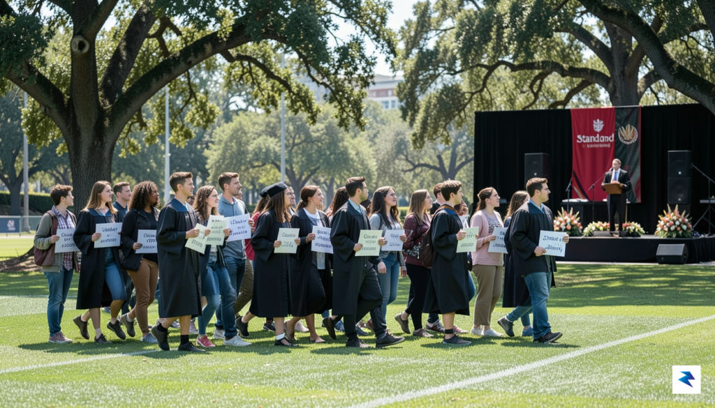 A diverse group of Stanford students, some wearing graduation robes,…