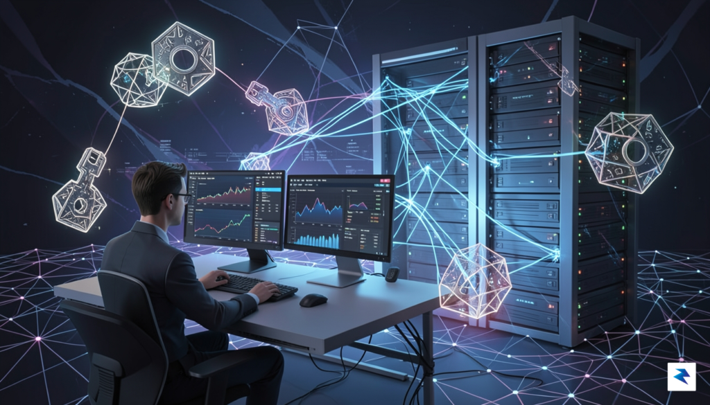 A stylized illustration depicting a secure data flow with cryptographic…