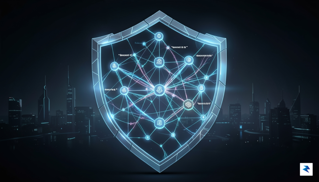 A conceptual digital illustration showing a complex, interconnected web of…
